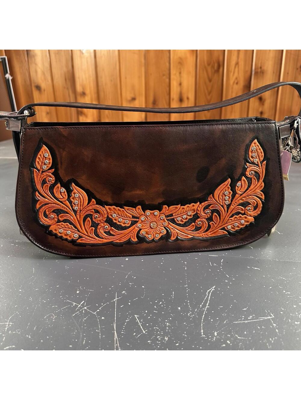 VTG Nocona Leather Purse Brown Black Orange Hand Tooled Floral 13x3x7 NWT